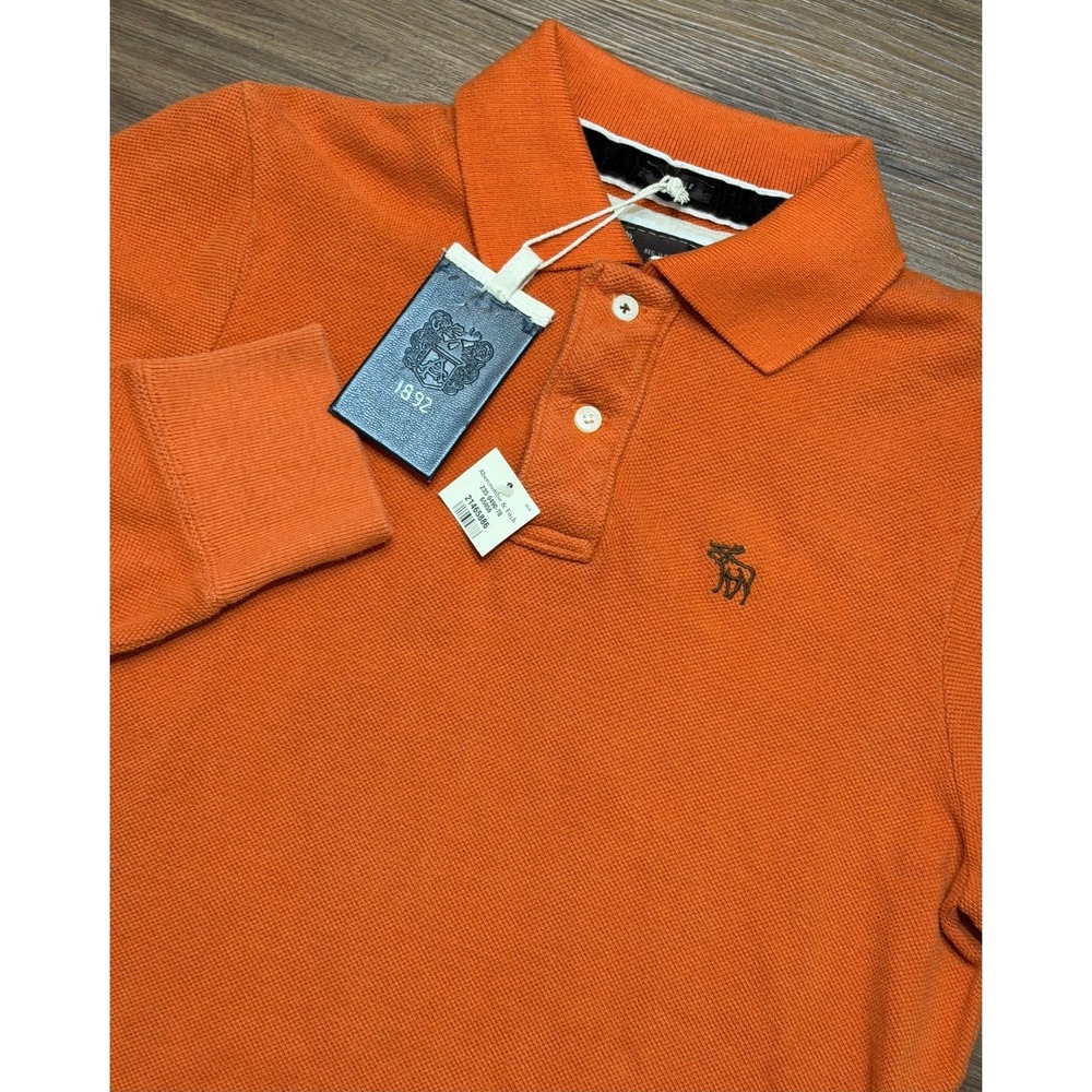 VTG Abercrombie & Fitch Men Long Sleeve Muscle Polo Shirt Orange Moose Logo Sz S